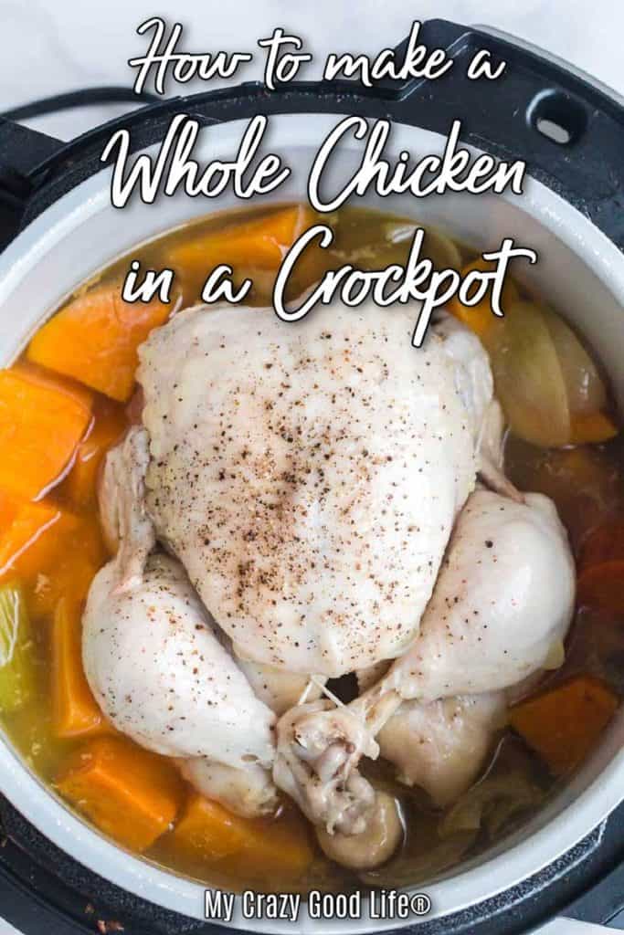 raw chicken in a crockpot with veggies and text for pinterest