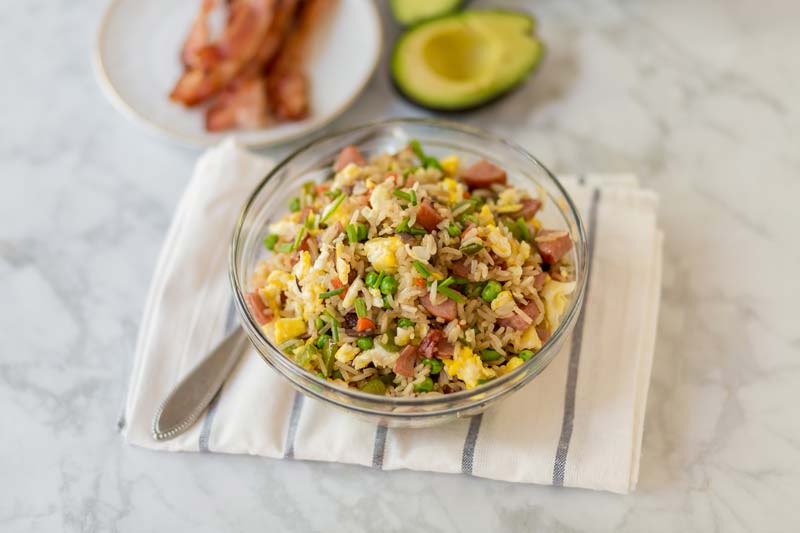 breakfast rice in a clear bowl