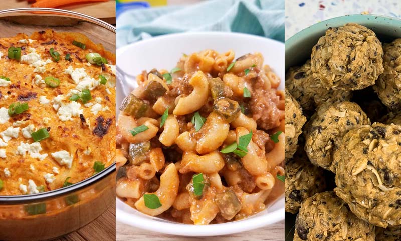collage of instant pot lunch meal prep recipes: buffalo chicken dip, hamburger helper, and protein balls