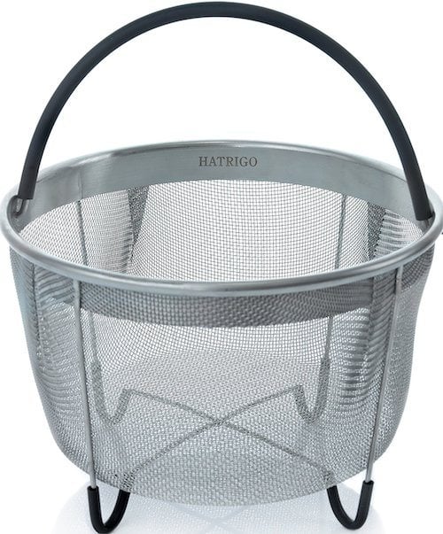 a stainless steel steamer basket.