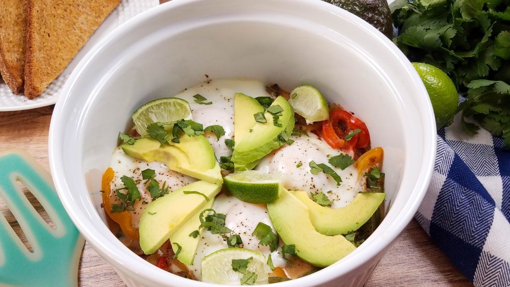 casserole soufflÃ© dish with fajita breakfast casserole inside. 