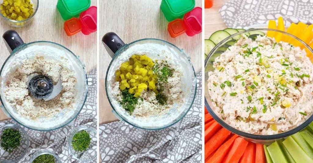 collage of images showing steps to make Healthy Dill Pickle Chicken Salad