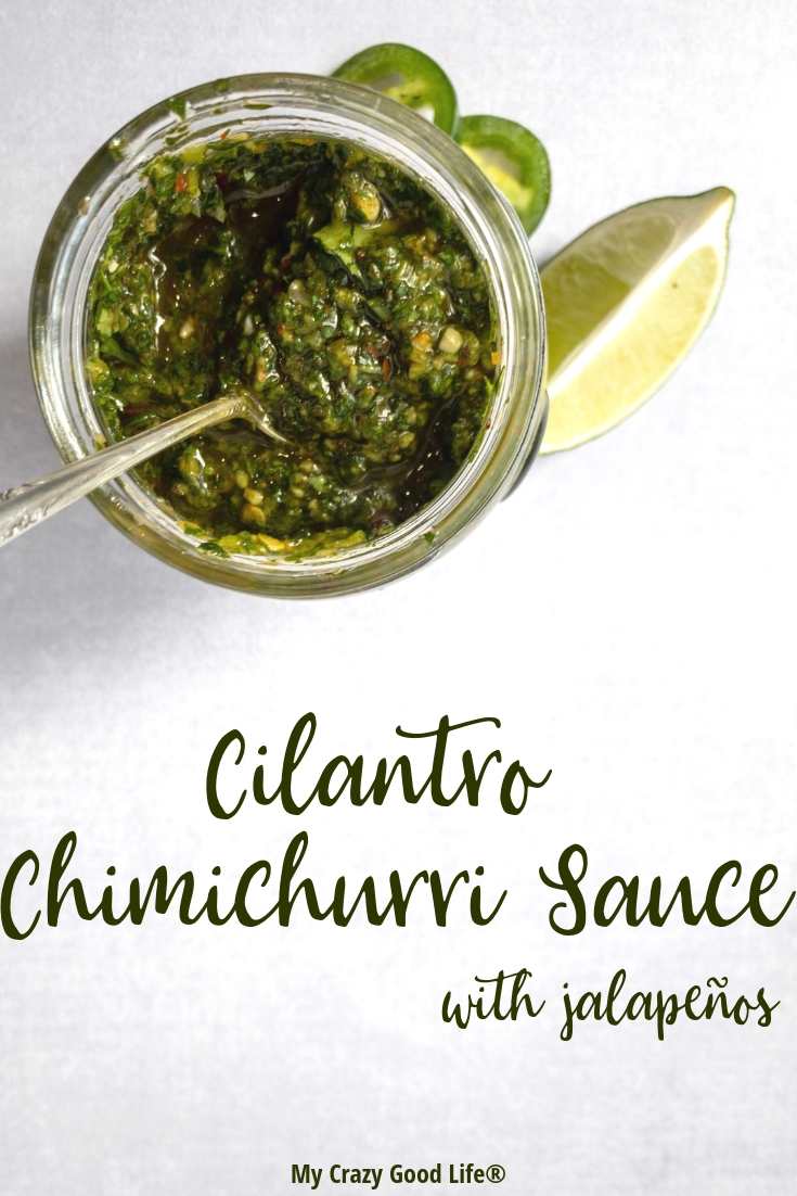 image with text of top down view of chimichurri sauce in clear jar with spoon