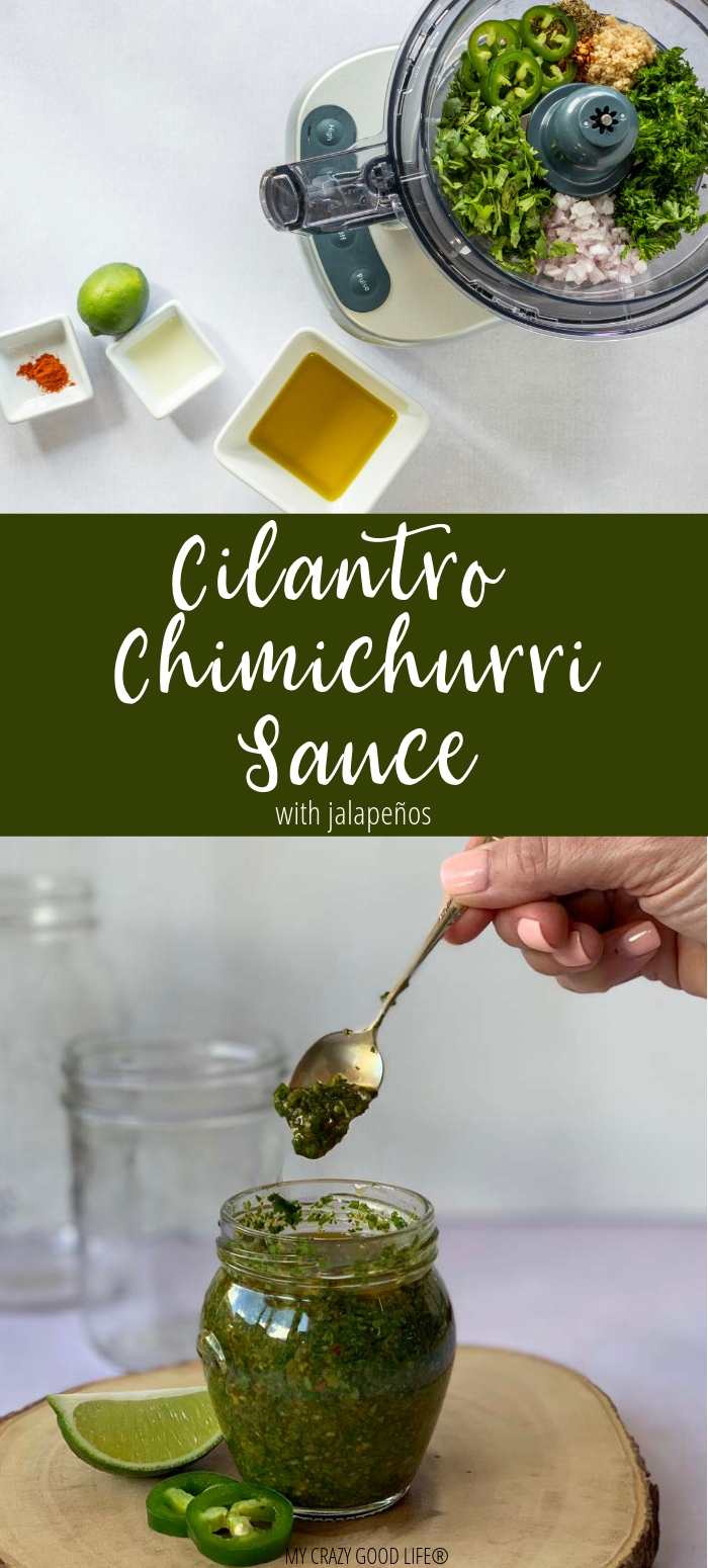 collage image with text of chimichurri ingredients and finished in a glass jar