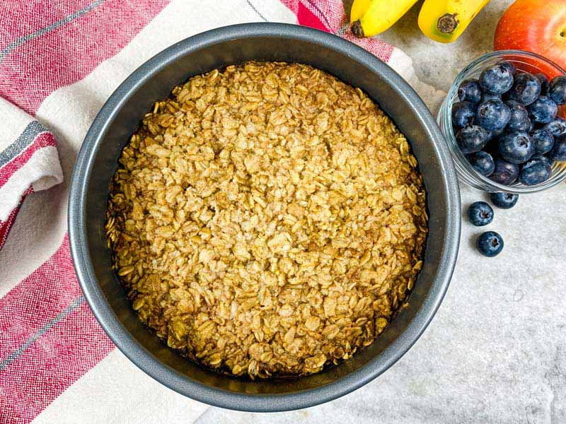 top down view of amish baked oatmeal in a cake pan