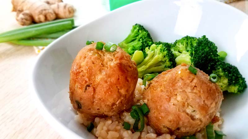 teriyaki meatballs in white bowl 