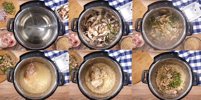 collage of 6 images showing how to make brown rice risotto