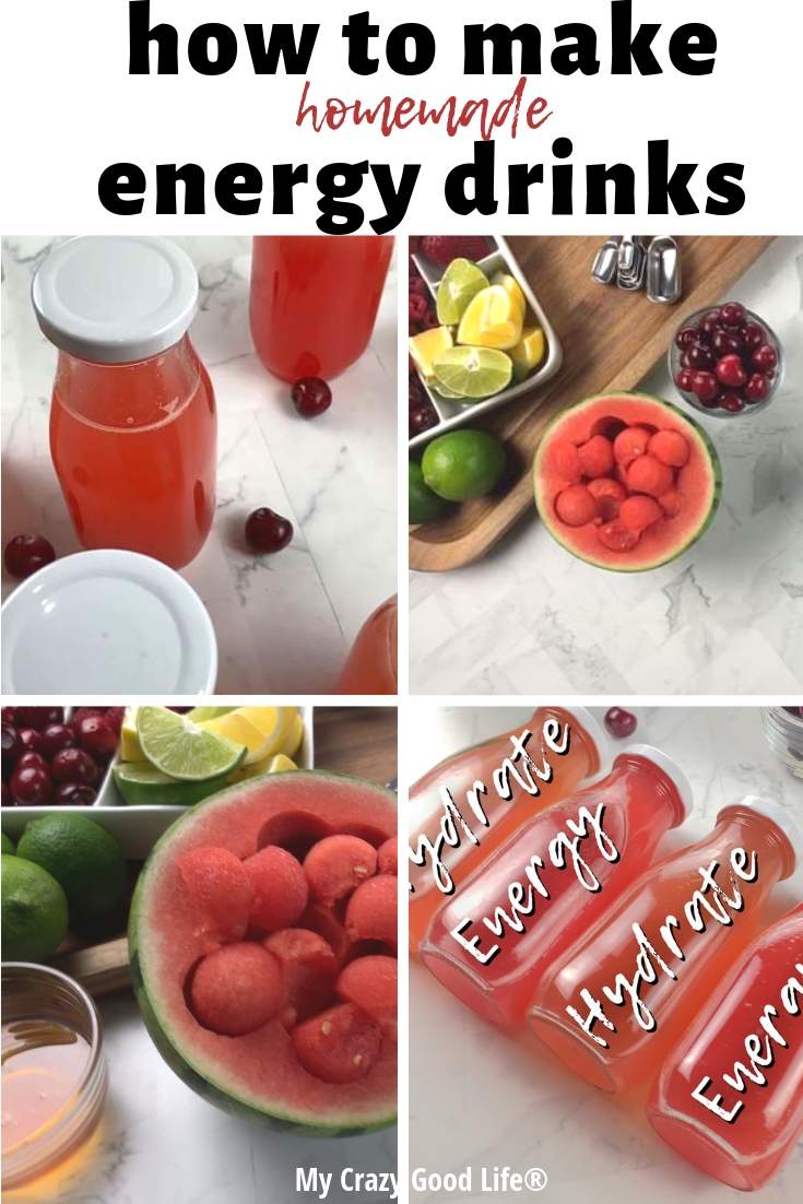 collage of energy drinks and ingredients