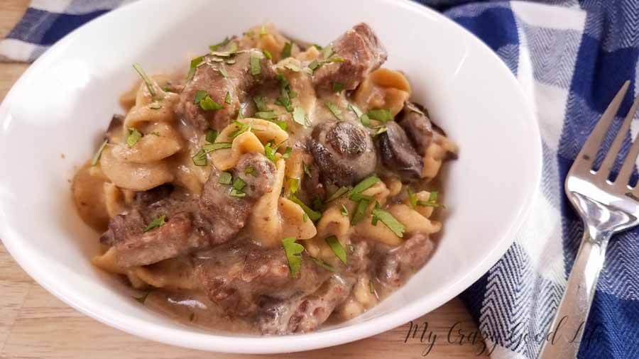 Beef Stroganoff in a white bowl ready to eat.