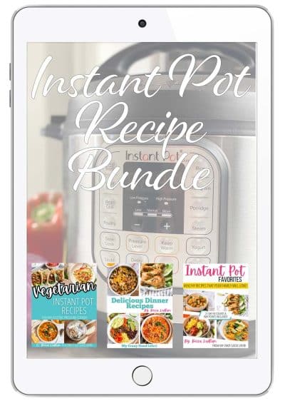 ipad with an instant pot on a counter with fresh vegetables around it. In the foreground are 3 instant pot books