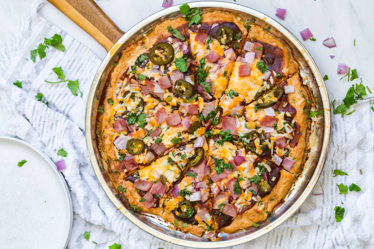 Cooked whole Keto BBQ Chicken Meatza pizza