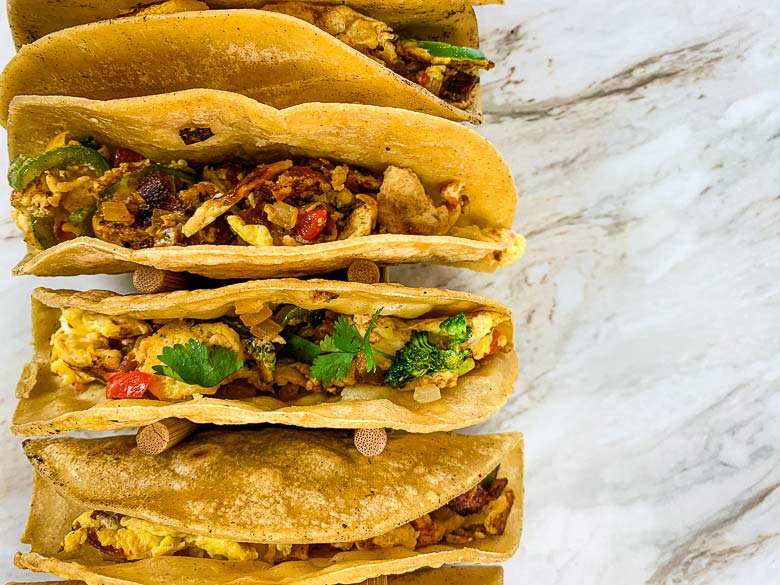 top down image of several breakfast tacos