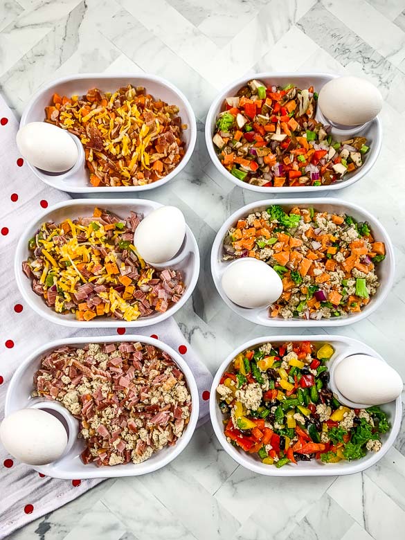 image of six different meal prep plates with ingredients