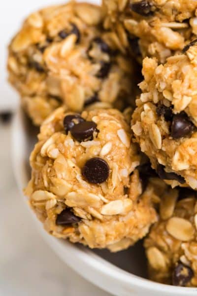 bowl of oatmeal protein bites with chocolate chips