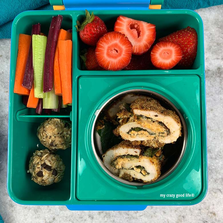 buffalo chicken, fruit, and veggies in bento box