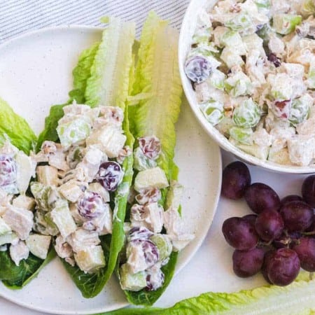 chicken salad lettuce wraps on a white plate