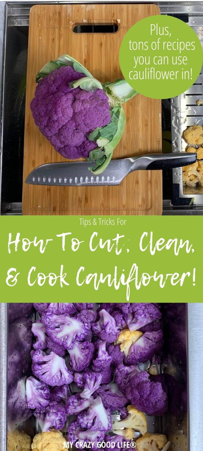 Pin showing cauliflower being cut and cleaned.