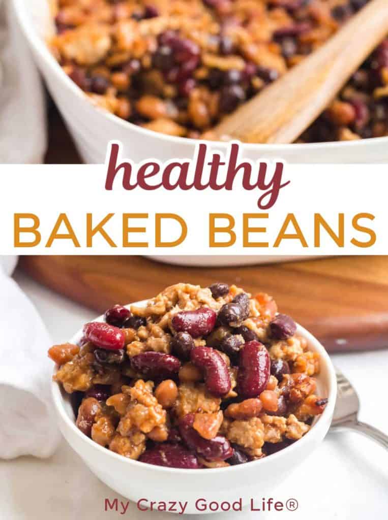 white bowl with cooked baked beans in it, dish of beans with spoon sticking out in the background. There is text on the image "healthy baked beans"