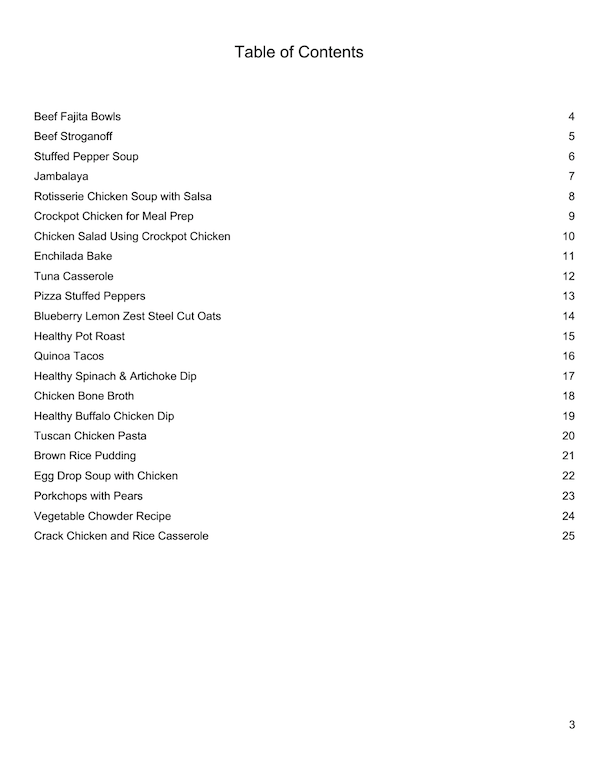 table of content for slow cooker ebook