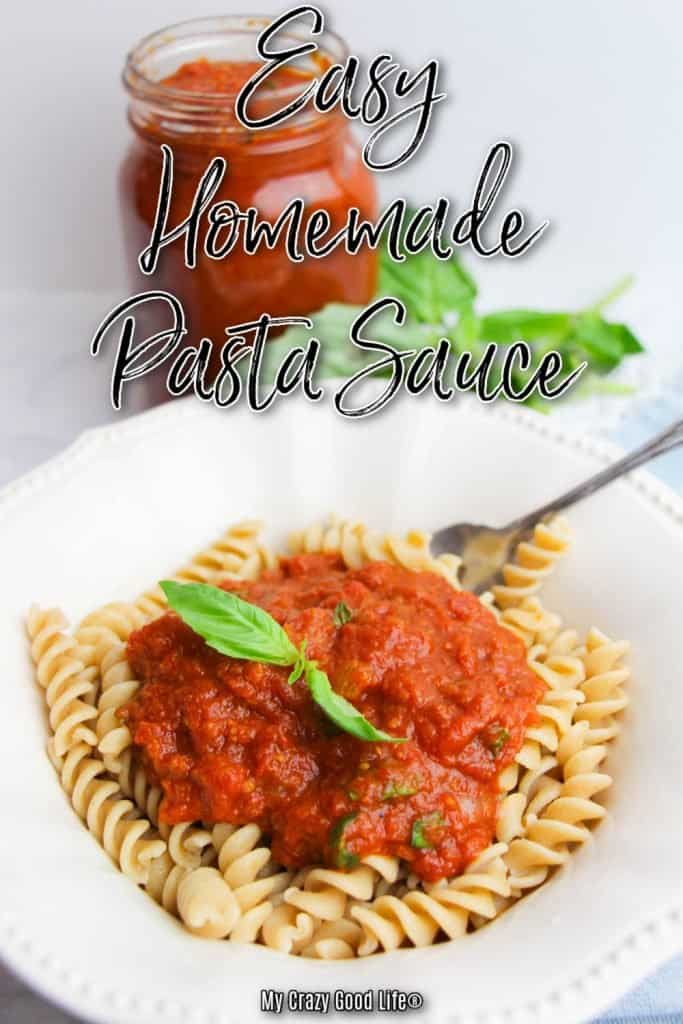 image with text of plate of pasta with sauce and jar of sauce in the background