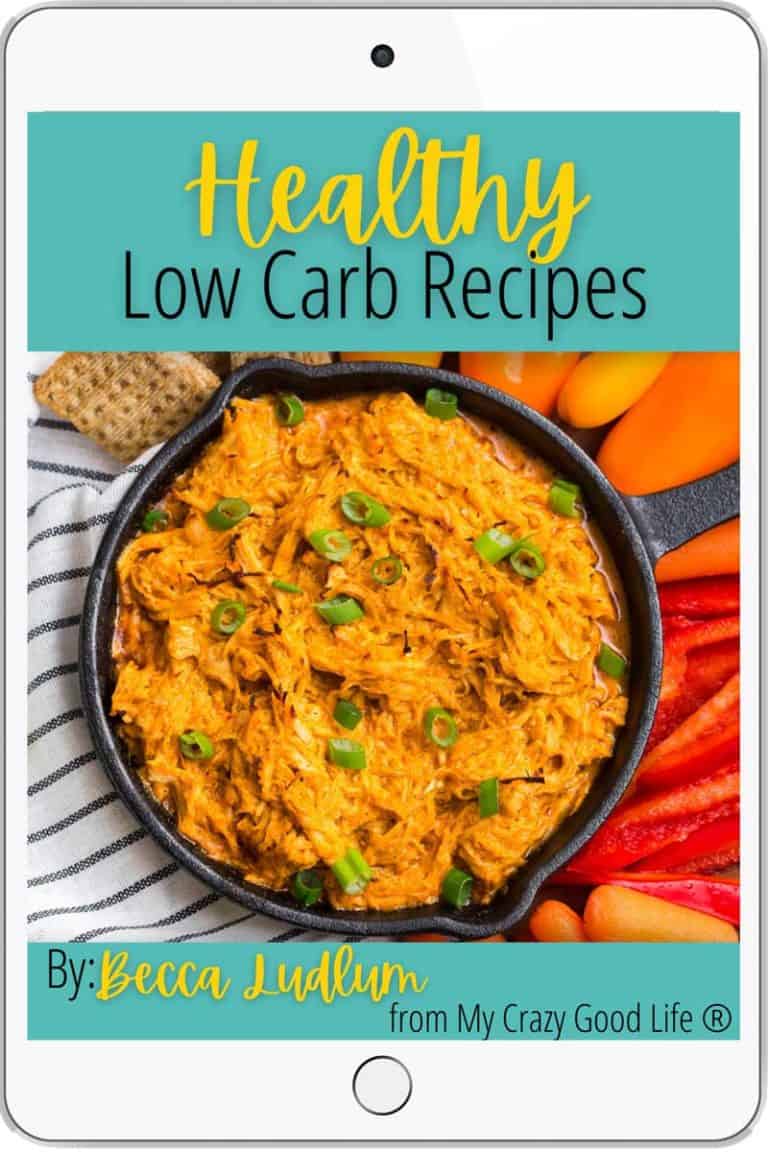 Healthy Low Carb Recipe eBook cover on white iPad screen.