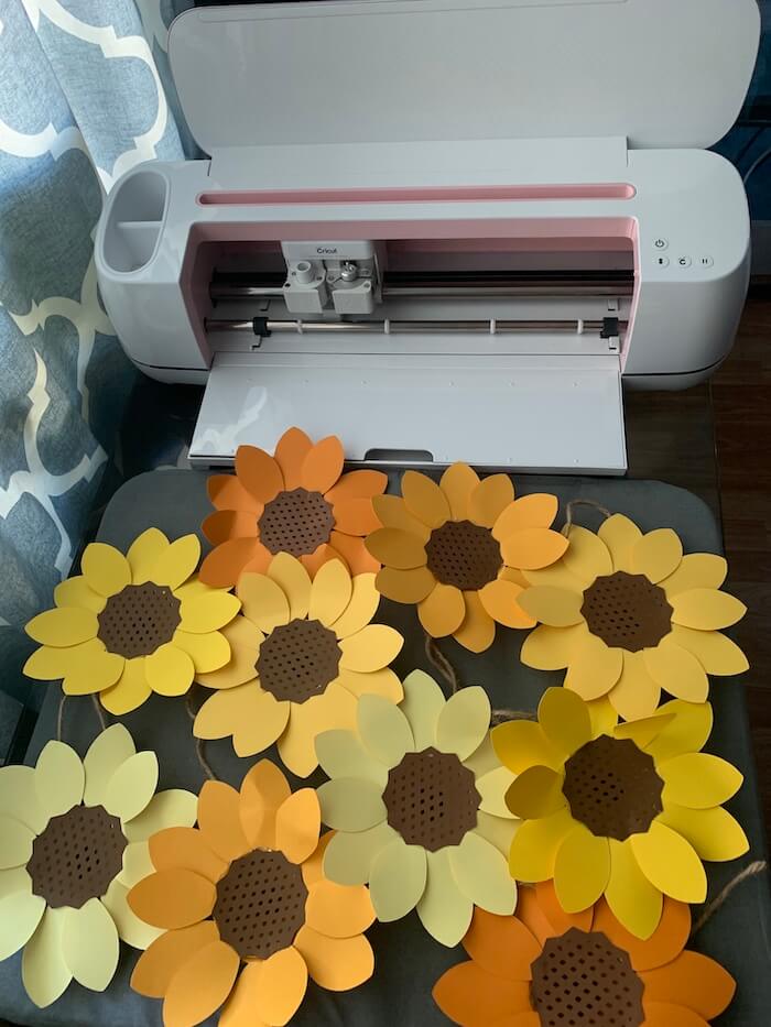 Top down view of the completed sunflowers and cricut maker