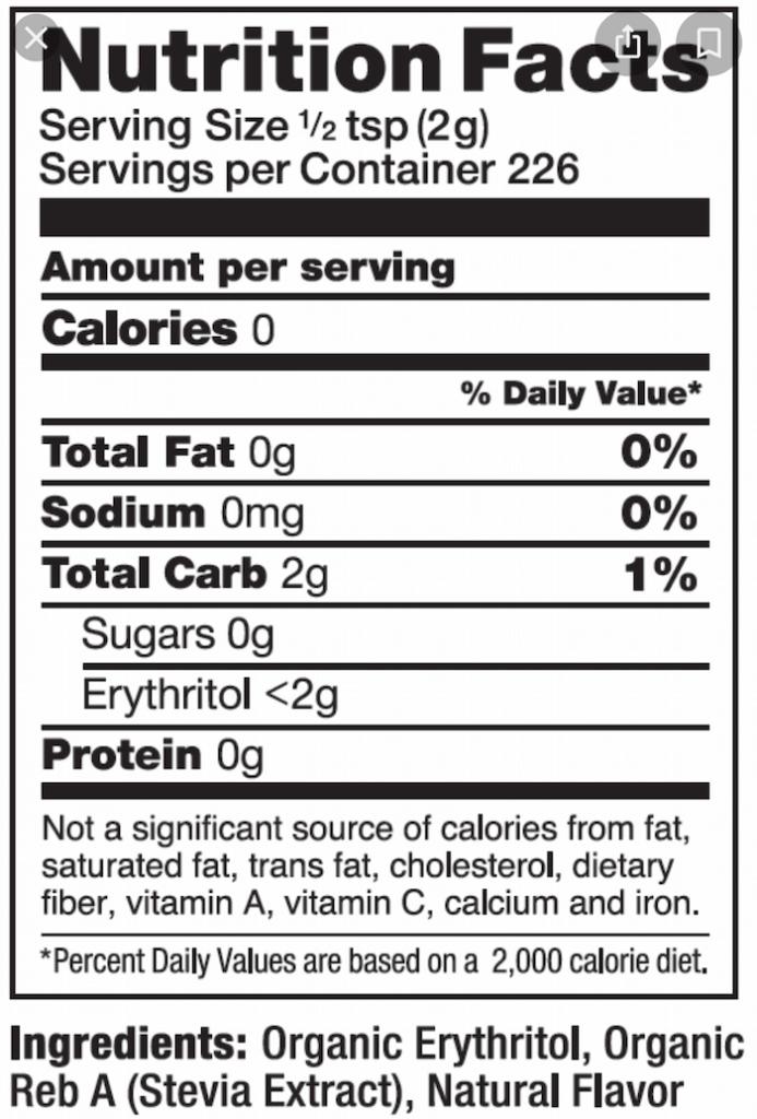 artificial sweeteners included in stevia blends, nutritional label showing that