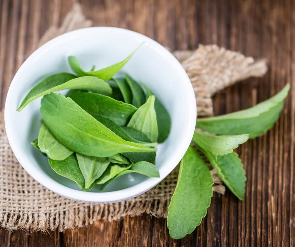 image of stevia leaves in a bowl.