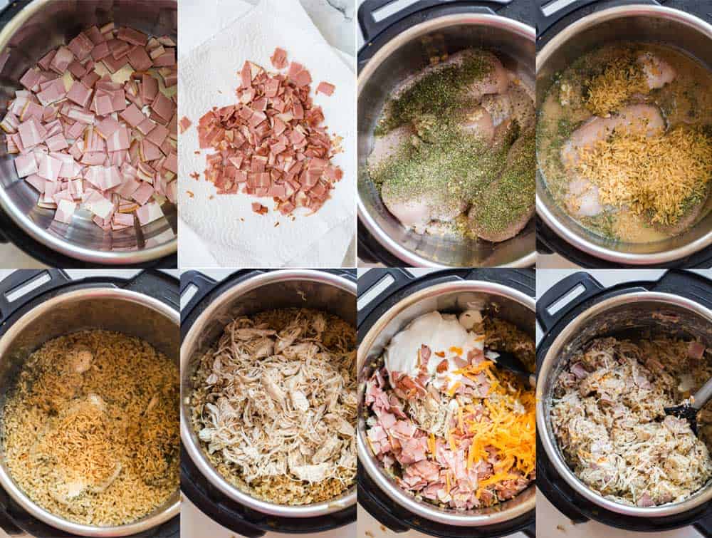 collage of 8 pictures showing step by step how to make this crack chicken casserole with rice. 