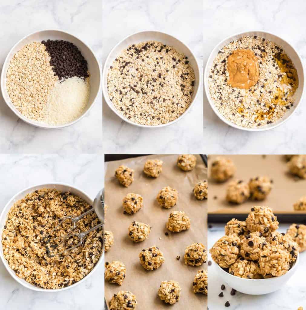 collage of 6 images showing the steps to making these Weight Watchers Protein Balls with peanut butter. 