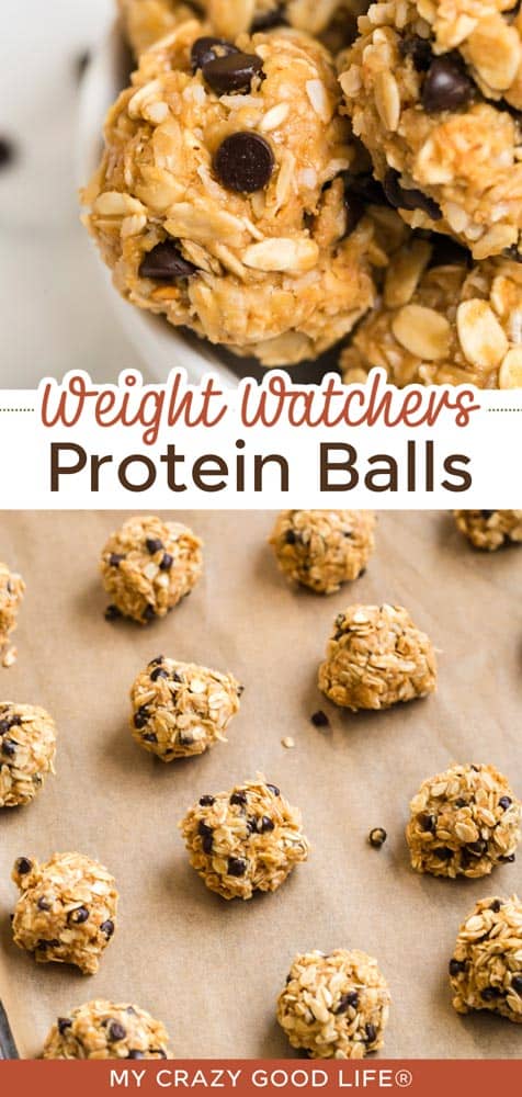 collage with text showing a bowl of protein balls and protein balls lined up on a cookie sheet with parchment paper.