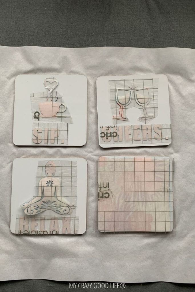 We are about to reveal the magical finish of the Cricut Infusible Ink on these DIY Drink Coasters