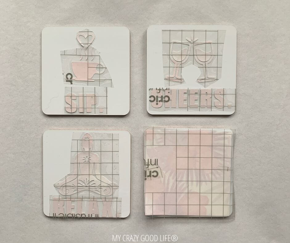 The images are attached to the coasters before we press them with the Cricut EasyPress2