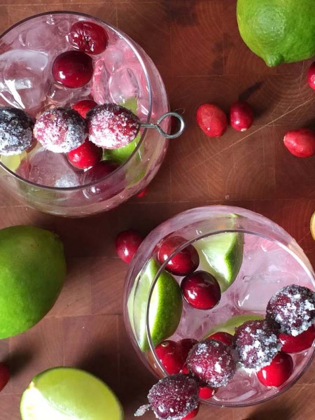 two cranberry margaritas top down view