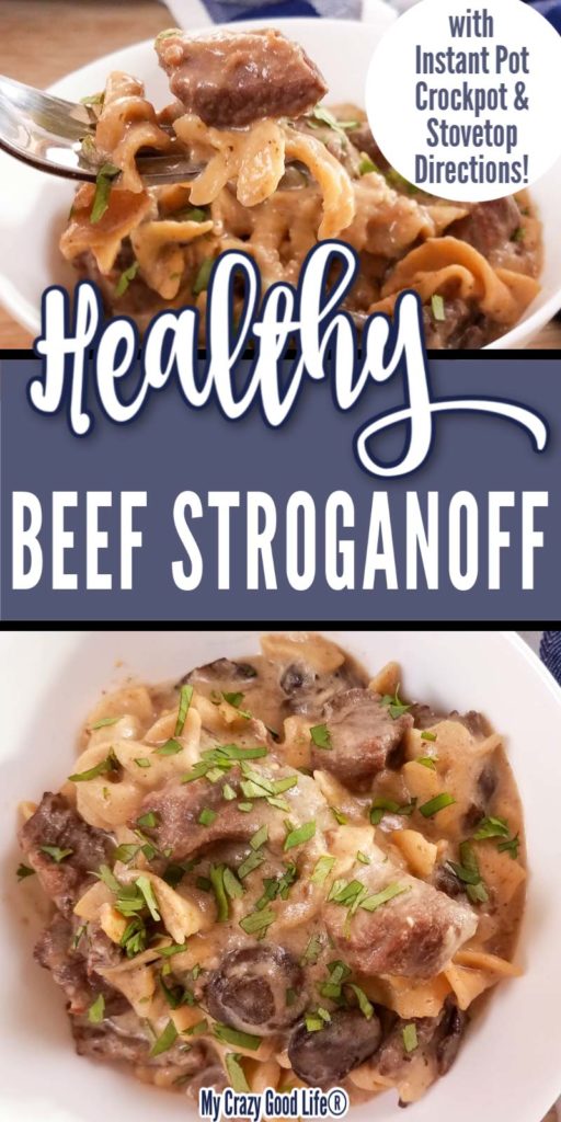 Collage image of healthy beef stroganoff and text for Pinterest