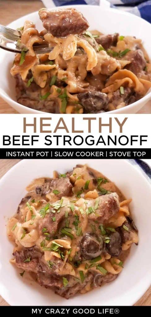 images and text for pinterest showing healthy beef stroganoff recipe
