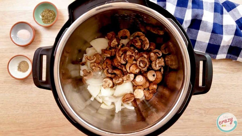 image of instant pot full of ingredients to make Healthy Beef Stroganoff Recipe