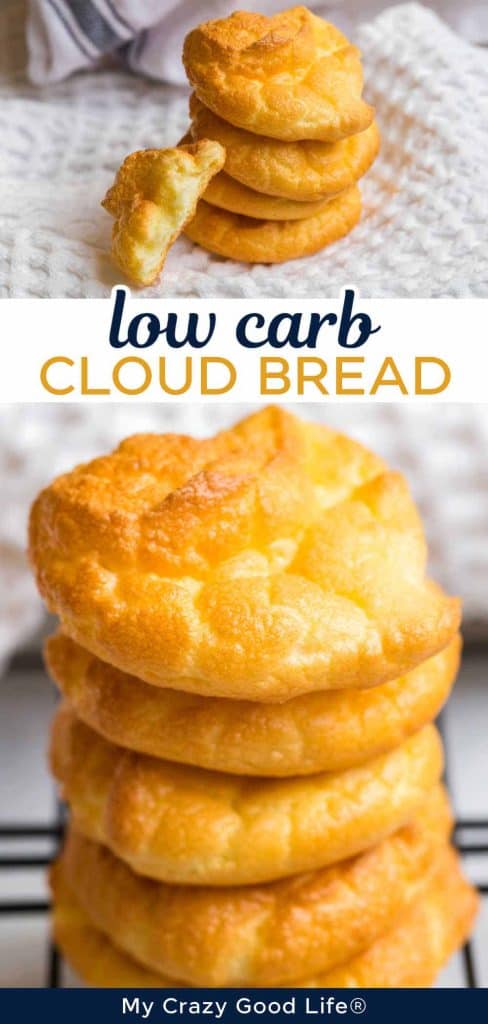 pin with two images of cloud bread and text saying low carb cloud bread