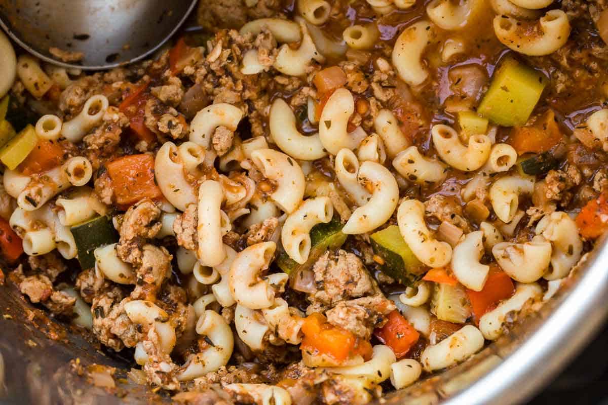 A close up of goulash in an instant pot.
