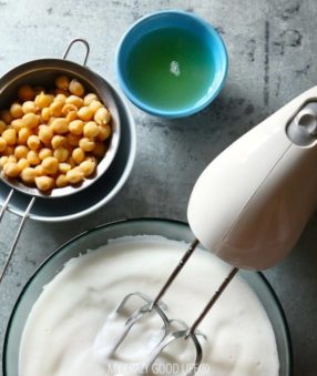 Image shows what is aquafaba and how to whip it for desserts.