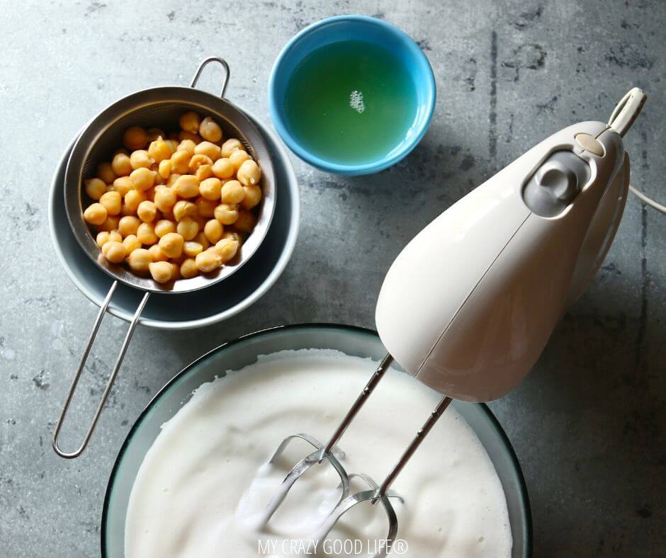 Image shows chickpeas and how to whip aquafaba for desserts.
