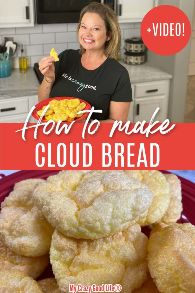 collage image of Becca and cloud bread with text for Pinterest