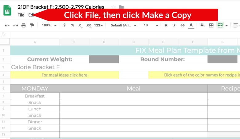 21 Day Fix Meal Planner Excel Template Weekly Diet Planner With