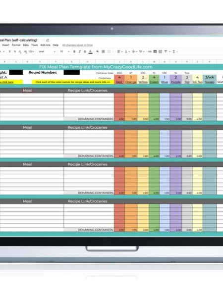 meal plan spreadsheet on a laptop