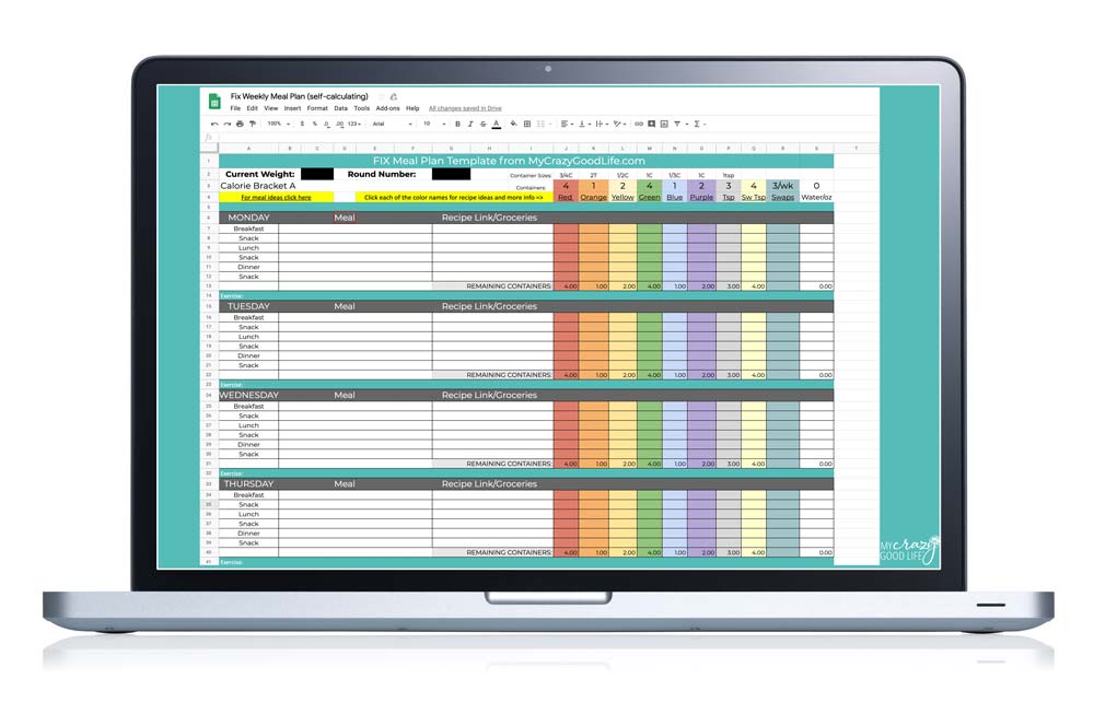 meal plan spreadsheet on a laptop