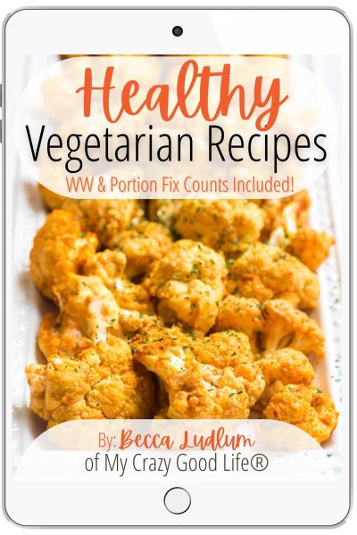 ipad mockup of ebook cover. Words read healthy vegetarian recipe and the image is of air fried buffalo cauliflower.