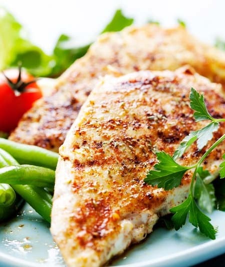 grilled chicken and vegetables on a white plate