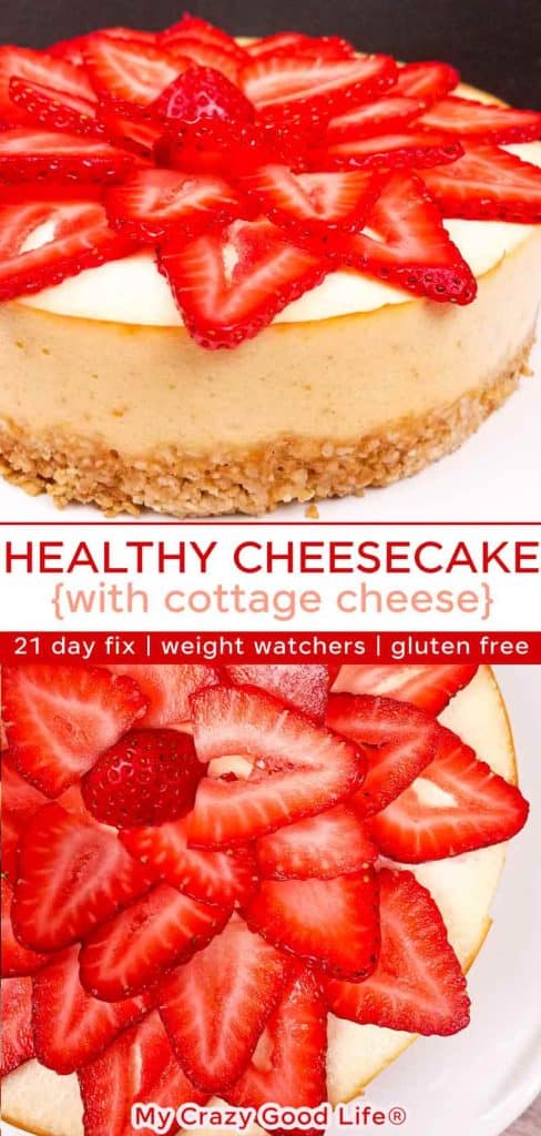images of cheesecake with strawberries on top with text for pinterest