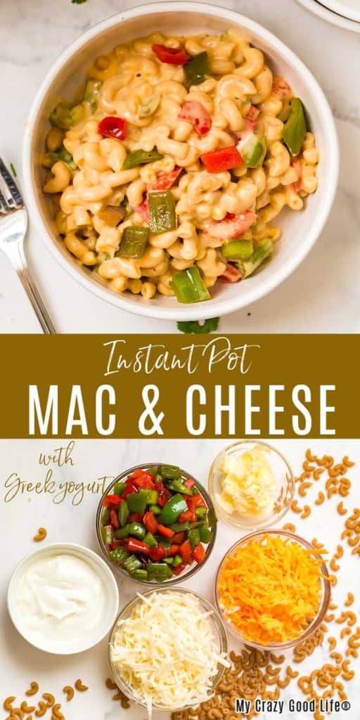 collage with text showing ingredients and bowl of mac and cheese