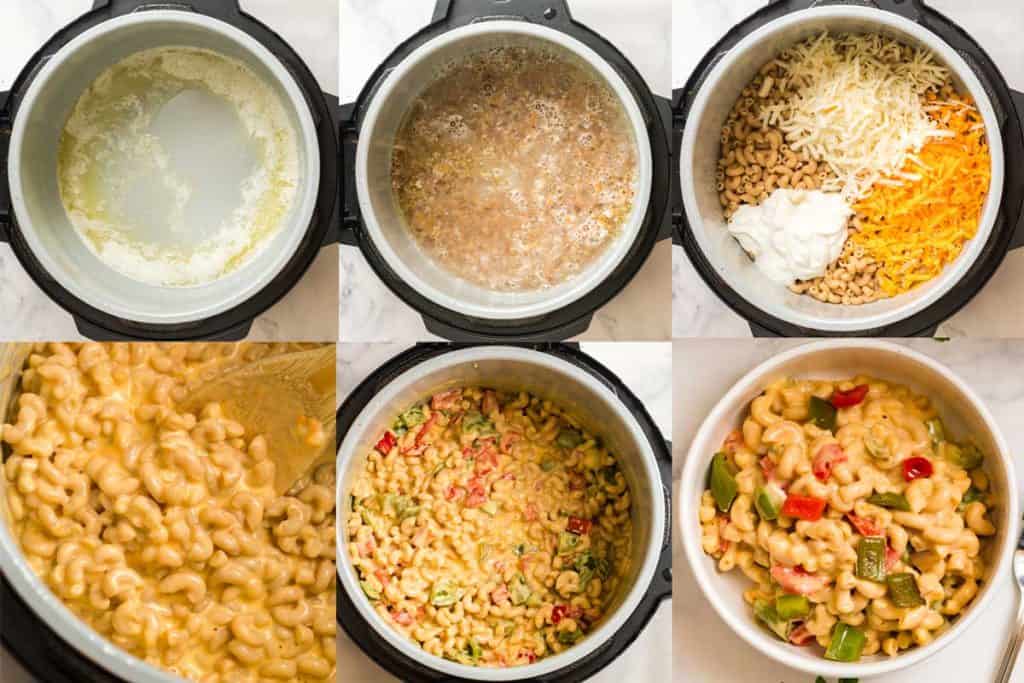 collage showing how to make healthy greek yogurt mac and cheese